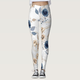 Leggings Florales Elegantes de Azul Marino y Beige