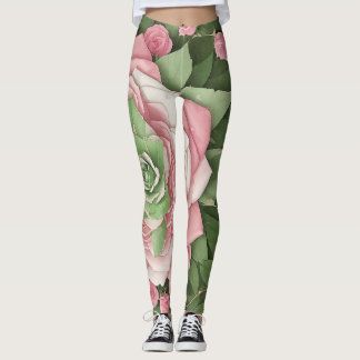 Leggings Floreado de Hojas Verdes y Flores Rosas