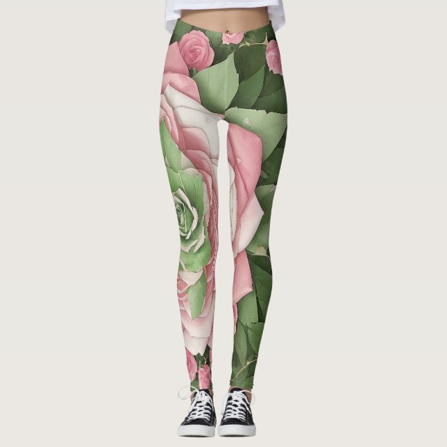 Leggings Floreado de Hojas Verdes y Flores Rosas (Anverso)