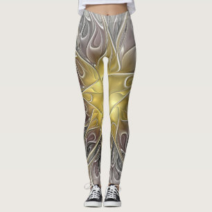 Leggings Florecer con flor fractal abstracta moderna de oro