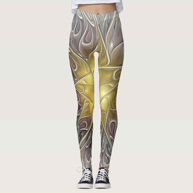 Leggings Florecer Con Flor Fractal Moderna De Oro Abstracto (Anverso)