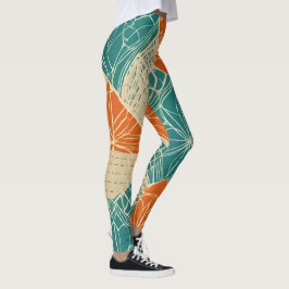 Leggings Flores abstractas de color azul verdoso, naranja y
