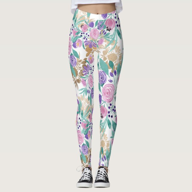 Leggings Flores acuáticas de oro morado violeta y rosado Gi (Anverso)