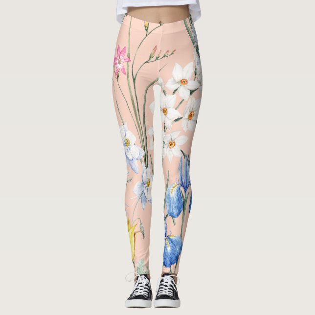 Leggings Flores acuáticas de primavera, tapicería retro. (Anverso)