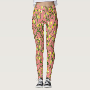Leggings Flores Amarillas Vintage De Fondo Rosa