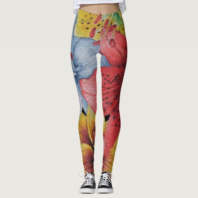 Leggings flores amarillo azul rojo audaz patrón floral (Anverso)