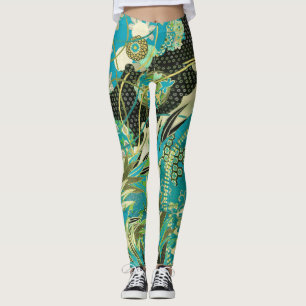 Leggings FLORES ANTIGUOS JAPONESES Aqua Blue Green Floral