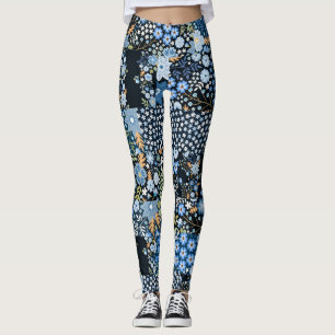 Leggings Flores azules de mosaico: tela sin foco.