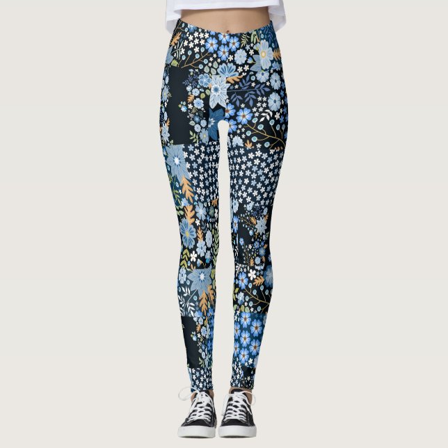 Leggings Flores azules de mosaico: tela sin foco. (Anverso)