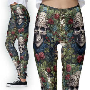 Leggings Flores azules de rosas rojas góticas y cráneos cel