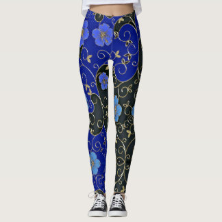 Leggings Flores Azules Elegantes Con Hojas De Oro Y Bañeras