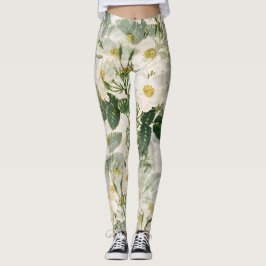 Leggings Flores blancas botánicas y patrón de hojas verdes