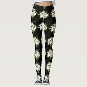 Leggings Flores blancas de color de agua Patrón negro Bouqu