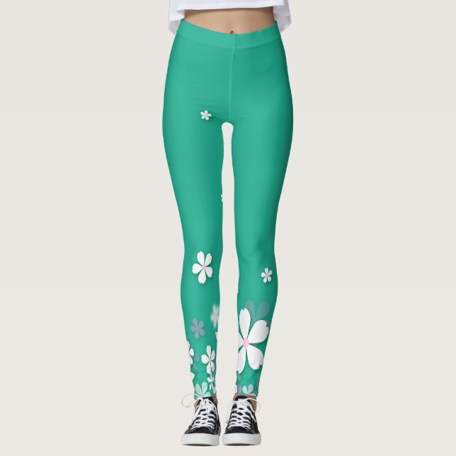 Leggings flores blancas hermosas y lindas leggantas verdes (Anverso)