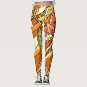 Leggings Flores Blancas Naranjas Elegantes Y Swirl