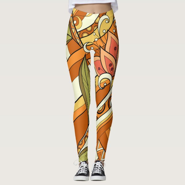 Leggings Flores Blancas Naranjas Elegantes Y Swirl (Anverso)