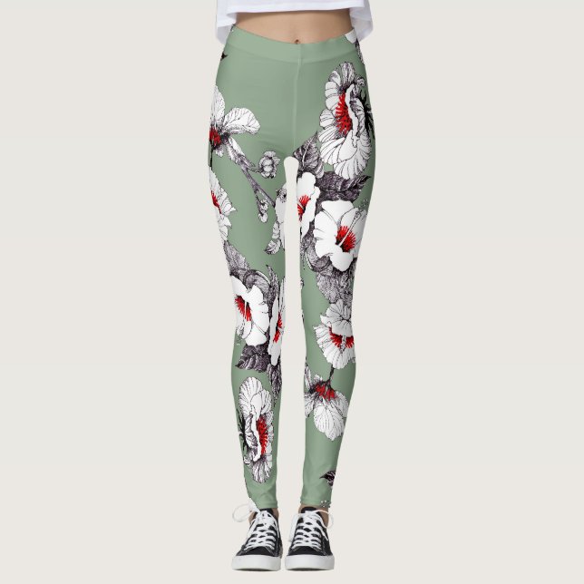 Leggings Flores blancas rojas sin foco: decoración verde (Anverso)