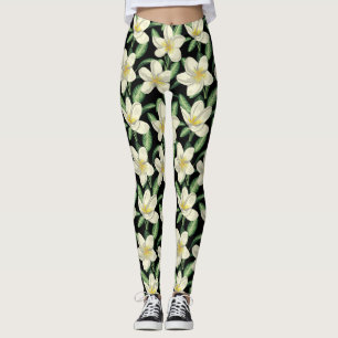 Leggings Flores blancas sin costuras trópicas hoja verde