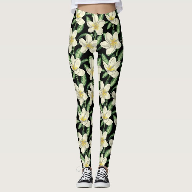Leggings Flores blancas sin costuras trópicas hoja verde (Anverso)