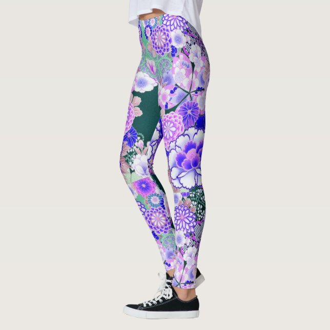 Leggings FLORES BLANCOS AZULES Peony, flores japonesas Rosa (Izquierda)