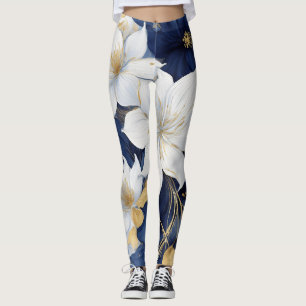 Leggings Flores Botánicas de Azul Marino y Blanco