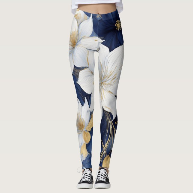 Leggings Flores Botánicas de Azul Marino y Blanco (Anverso)