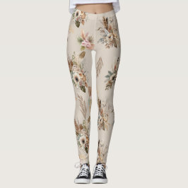 Leggings Flores Botánicas Florales Beige Boho Rosa Verde