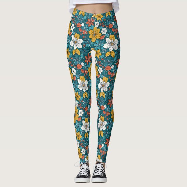 Leggings Flores brillantes, fondo oscuro (Anverso)