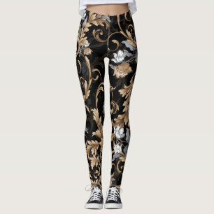Leggings Flores clásicas barrocas: fondo negro.