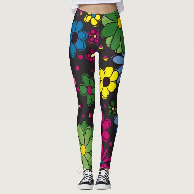 Leggings Flores Coloridas Lindas sobre Negro (Anverso)