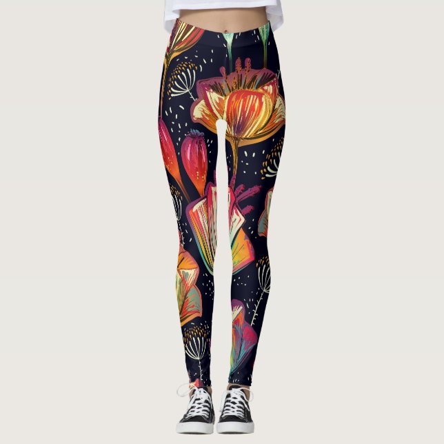 Leggings Flores coloridas Plantas Patrón de cosecha (Anverso)