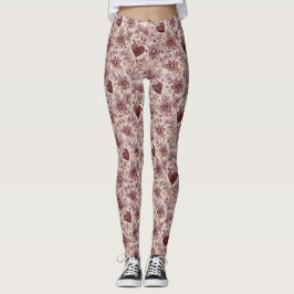 Leggings Flores Corazones Rojo Burdeos Crema