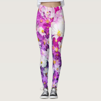 Leggings Flores cosmales: fondo morado rosa floral