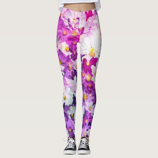 Leggings Flores cosmales: fondo morado rosa floral (Anverso)