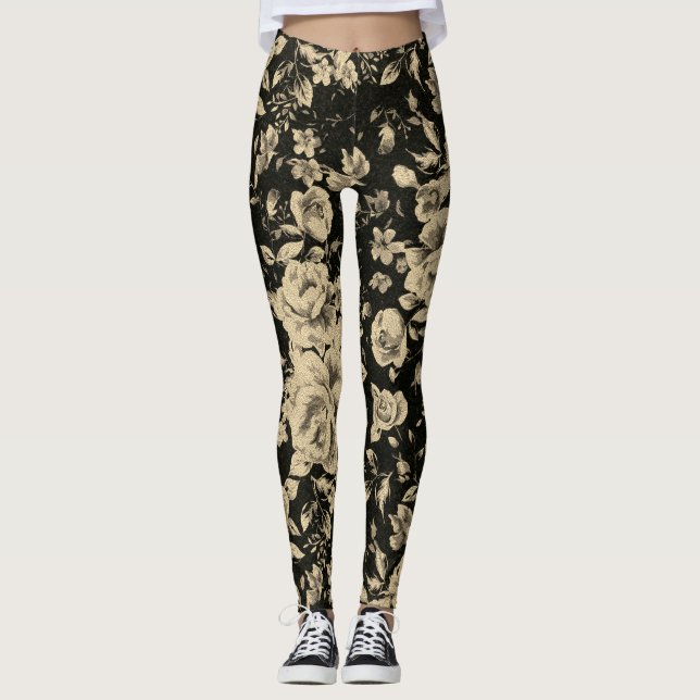 Leggings Flores de aceite de cosecha brillante en negro (Anverso)