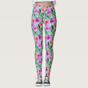 Leggings Flores de acuarela en púrpura, rosa y verde