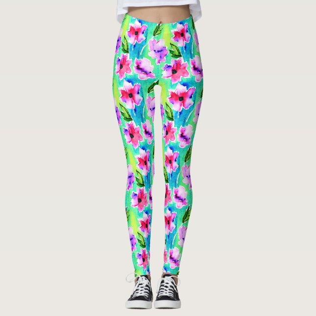 Leggings Flores de acuarela verde, rosa y azul (Anverso)