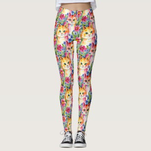 Leggings Flores de acuarela y gatos coloridos
