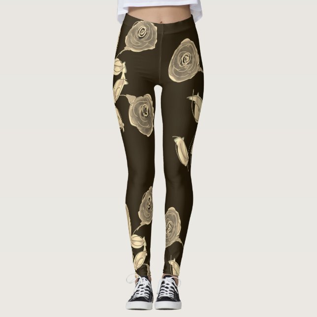 Leggings Flores De Adormidera En Taupe Sobre Chocolate (Anverso)