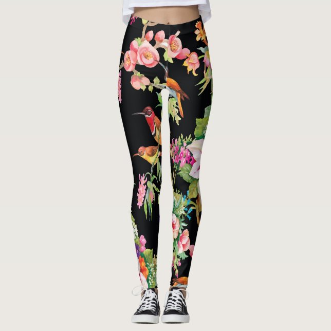 Leggings Flores de aves silvestres: Vintage negro (Anverso)