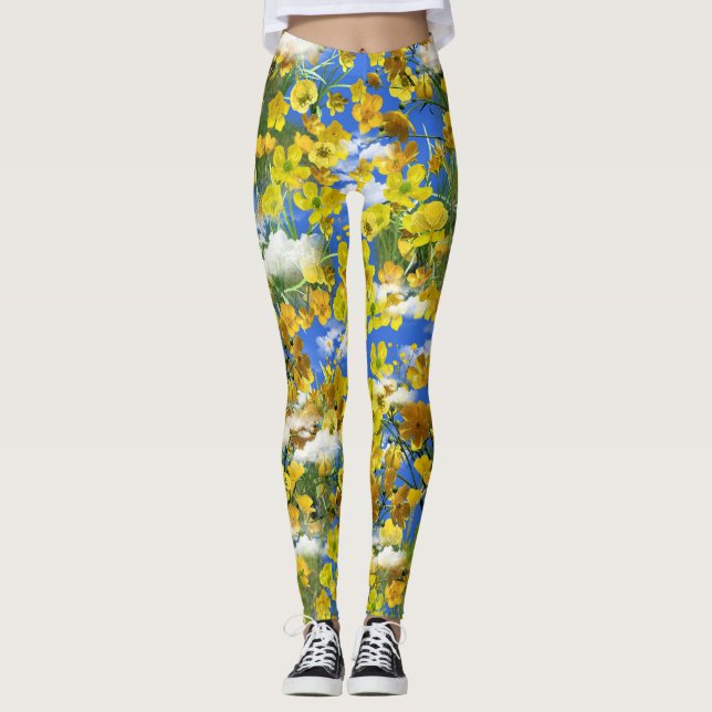 Leggings Flores de Butercup de primavera en las nubes (Anverso)