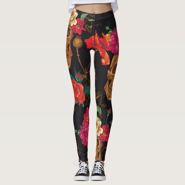 Leggings Flores De Calavera: Fondo Oscuro Sin Marea. (Anverso)