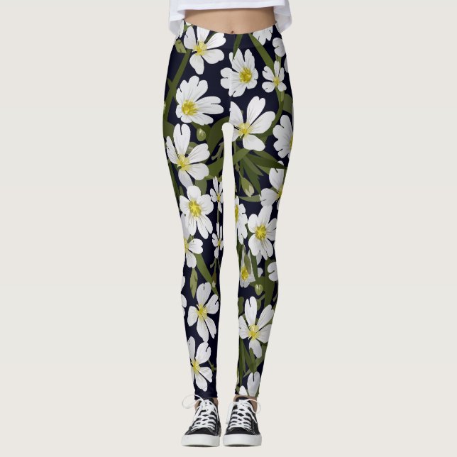 Leggings Flores de campo blanco: patrón vintage. (Anverso)