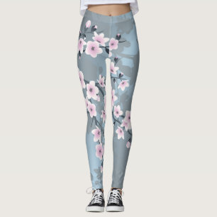 Leggings Flores de cerezo azul grisáceo rosado