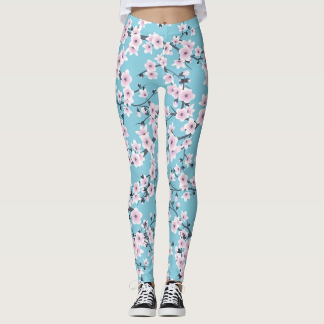 Leggings Flores de cerezo en flor azul rosado (Anverso)