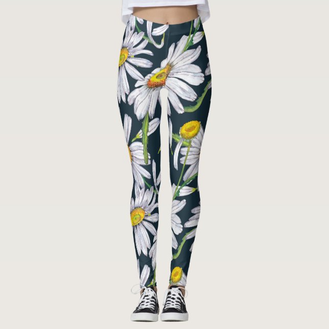 Leggings Flores De Chamomile: Acuarela Azul Oscuro. (Anverso)