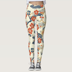 Leggings Flores de ciruela Ume japonesas crema ola azul mar