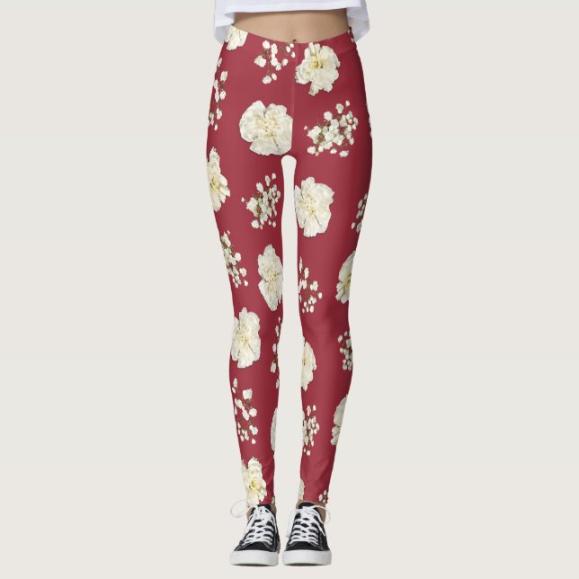 Leggings Flores de claveles blancos con motivos rojos (Anverso)