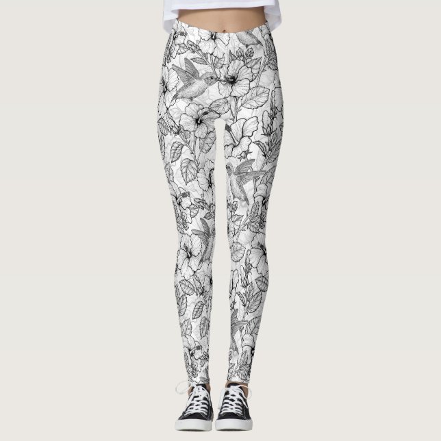 Leggings Flores de colibrí y de hibisco b&p (Anverso)