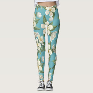 Leggings Flores de color blanco hojas verdes
